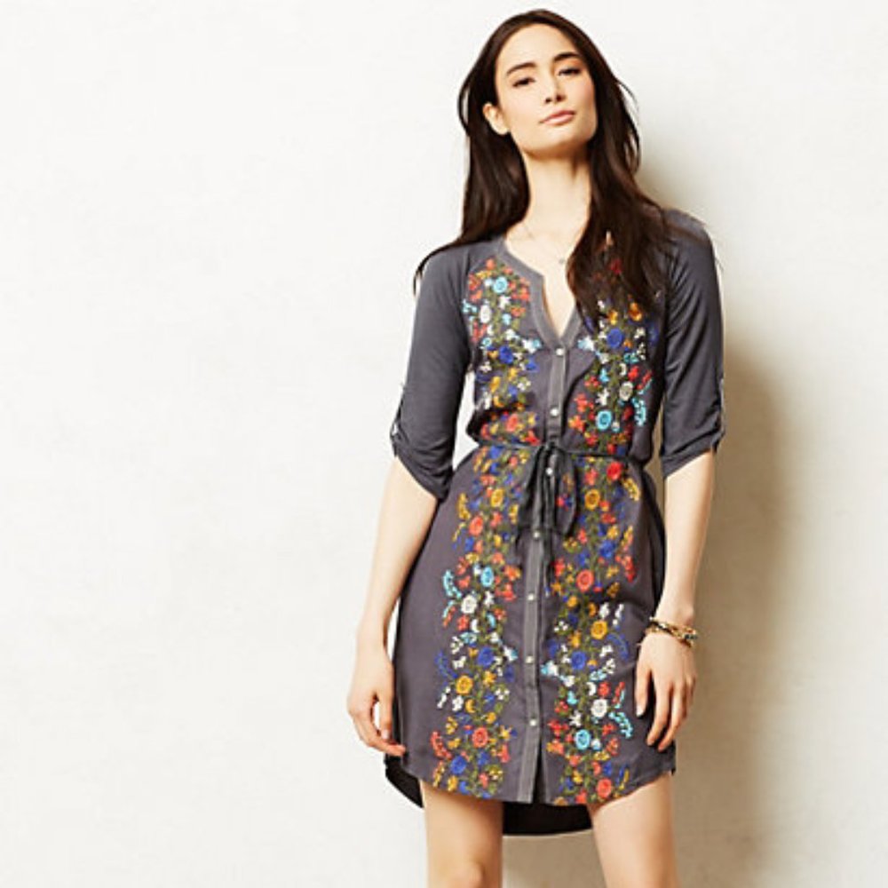 Anthropologie Tiny Gathered Vines Tunic Dress XS NWT Grey Floral Embroidery